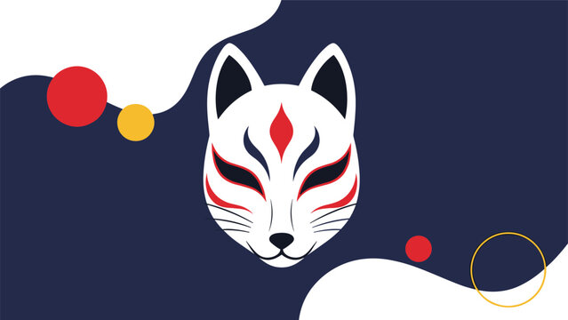 Striking japanese kitsune fox mask with traditional red and black markings is set against a dark blue background with dots.