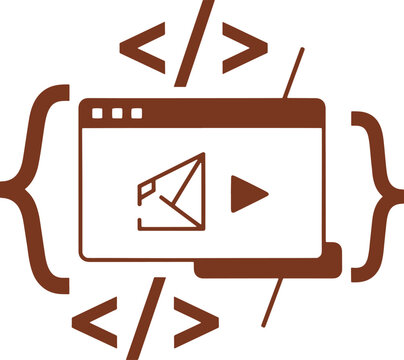 Brown computer monitor with code symbols and speaker screen