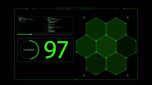 Advanced futuristic HUD interface displaying scanning process with percentage indicator, data panels, and hexagonal grid system on transparent background