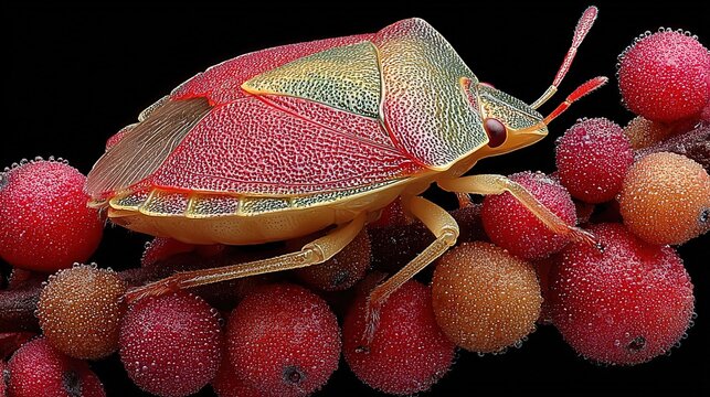 Macro Close-Up of a Red and Gold Textured Shield Bug Perched on Dewy Wild Berries &ndash; Isolated on Black Background, Nature Wildlife Detail