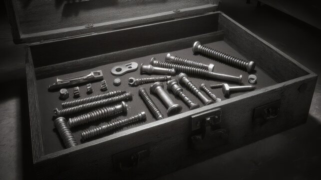 A meticulously organized set of polished metal orthopedic surgical implants and instruments arranged within a professional case.