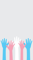 Obraz premium Silhouette of blue, pink and white colored hands as the colors of the transgender flag on grey background in vertical layout. Flat design illustration.