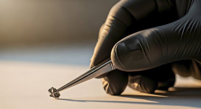 Hand in black glove holding a small rock fragment with tweezers. Close up of scientific laboratory inspection and material analysis