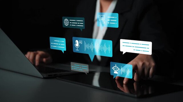 Professional person interacts with digital interface featuring artificial intelligence, communication symbols, and technology icons on a laptop workstation Gluon.