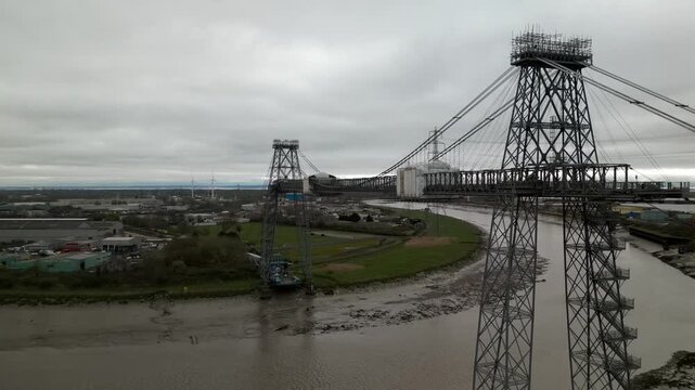 The transporter bridge in Newport, Wales, drone flight above