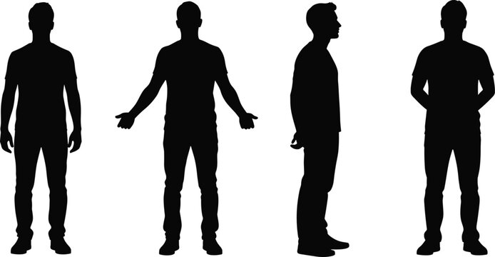 Male body silhouette vector set with different standing poses, front side and back views, human figure illustration for design, presentation, and anatomy reference