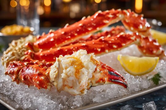 Close up of giant king crab leg cracked open and served on crushed ice with lemon slices in a restaurant