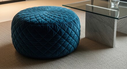 Fototapeta premium A Deep Teal Velvet Quilted Ottoman Resting on a Neutral Carpet Beside a Modern Glass and Marble Table