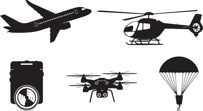 air travel airplane helicopter drone parachute silhouette set black vector