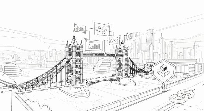 A stylized sketch of a city skyline featuring a famous bridge with digital data visualizations