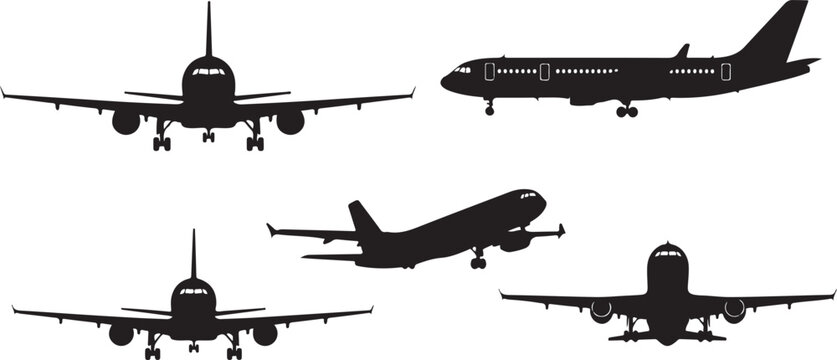 airplane front view side view takeoff landing silhouette set black vector