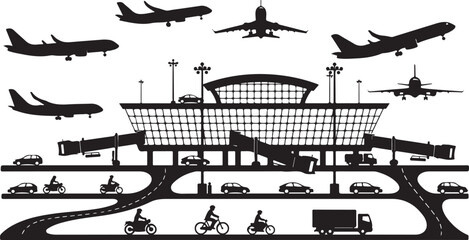 Obraz premium airport departure arrival airplane terminal silhouette set black