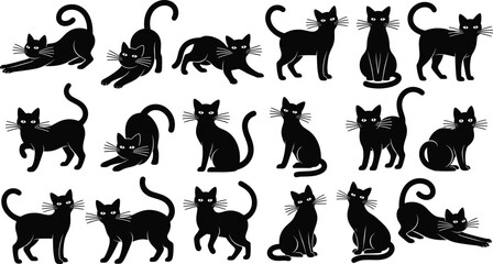 Fototapeta premium Cat silhouettes vector set with playful and sitting poses, black feline illustration for pet design, logo, animal icons, and cute character collection