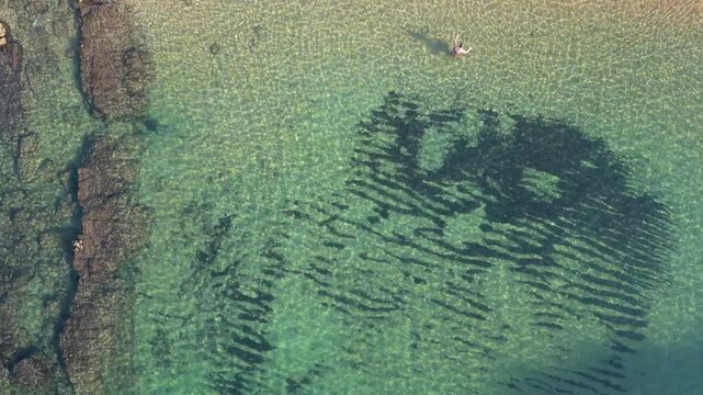 Aerial drone view over a clean water beach in the bay of the Cala Pregonda, Menorca Island, Balearic islands, Spain