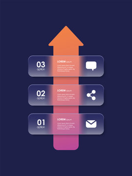A business strategy consisting of 3 steps. A modern vector vertical infographic layout for data visualization with a matte glass effect.