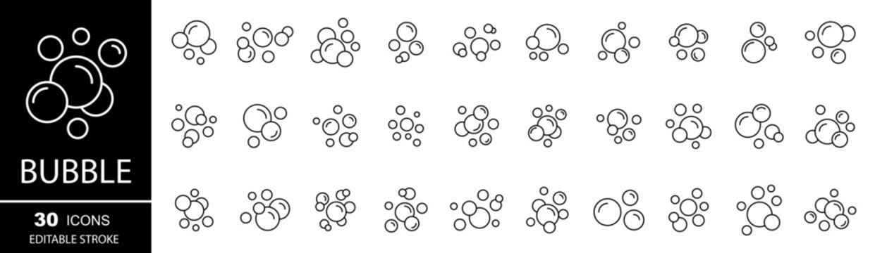Bubble icon set. Soap foam, oxygen bubble, effervescent effect, fizzy drink. Vector editable stroke