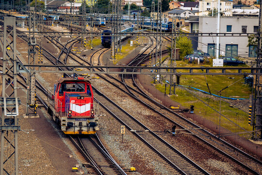 Olomounc, Czechia &ndash; August 4, 2025: Red diesel locomotive at Olomouc railway junction Czechia