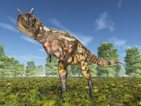 Dinosaurier Carnotaurus in einer Waldlandschaft