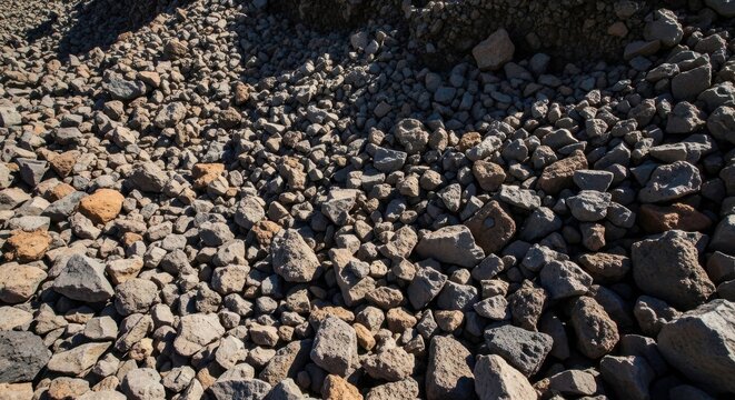 A close-up view of sharp angular clasts of various rock types forming a rough ground texture