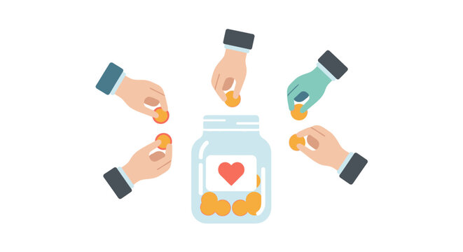 Hands putting coins into jar with heart.