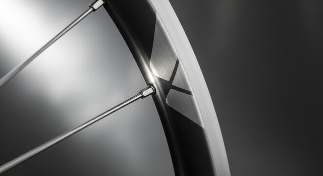 Close-up view of a bicycle wheel's metallic rim and spokes with abstract design details