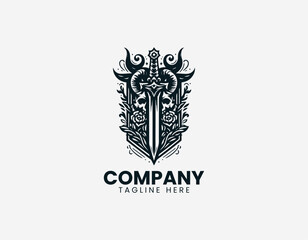 Obraz premium Sword with horned skull and decorative detail in clean modern black vector logo illustration style on a white background
