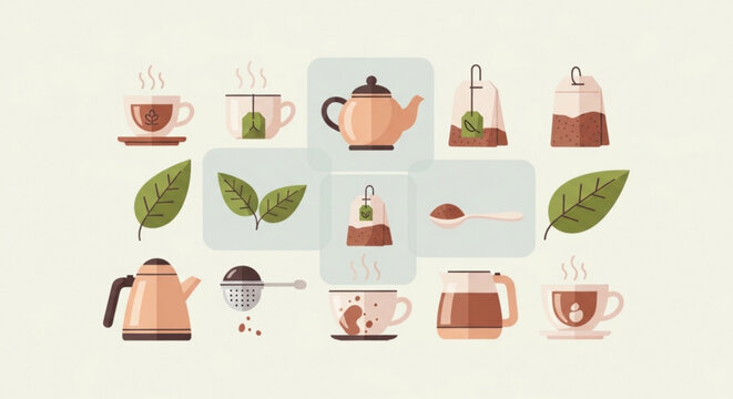 Whimsical tea icons, tea time illustrations, tea cups, teapots, infusers, vector set