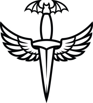 black and white illustration of a dagger with bat wings and feathered wings
