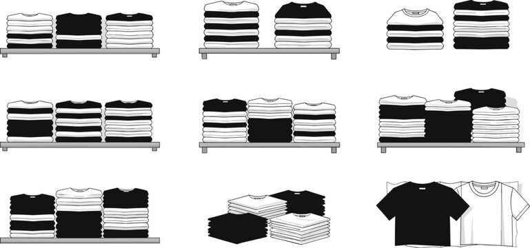 Folded T Shirt Stack Collection Showing Organized Clothing Piles on Shelves with Black and White Apparel Arrangement for Retail and Storage Illustration