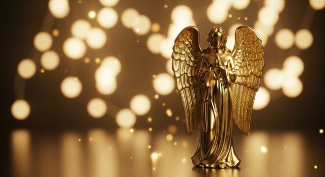 A golden angel statue with wings and a halo against a dark background with glowing lights.