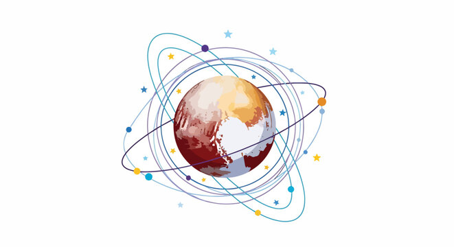 Abstract illustration of a planet surrounded by orbiting rings and stars on white background