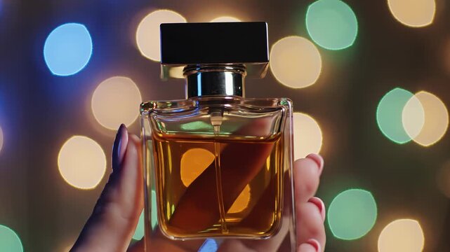 Elegant perfume bottle held against colorful holiday bokeh lights