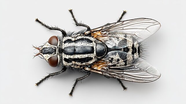 Macro Close-Up of a Striped Fly (Diptera) with Transparent Wings, Isolated on White Background &ndash; Entomological Specimen for Science Education, Biological Illustration & Scientific Design