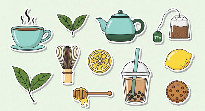 Boba tea, bubble tea, drink icons, food stickers, tea set, vector illustrations
