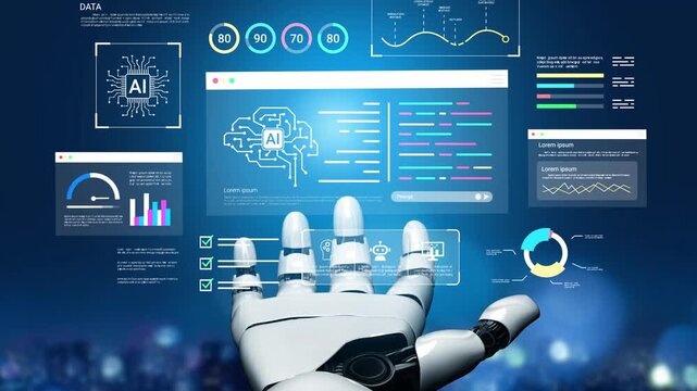Futuristic Robotic Hand Interacting with AI Data Visualization on Screen Displaying Charts and Graphs in Digital Interface Concept Gluon.