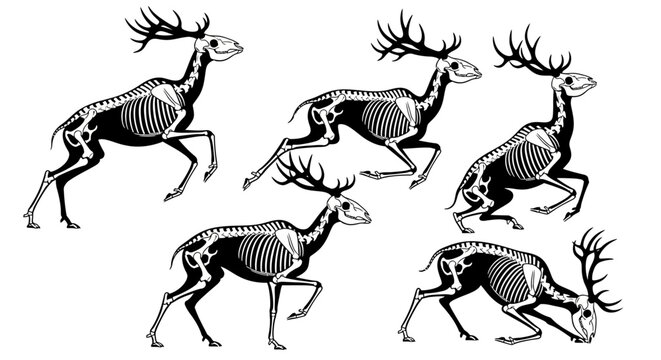 Anatomical illustration of five deer skeletons in various dynamic poses, showcasing skeletal structure and movement