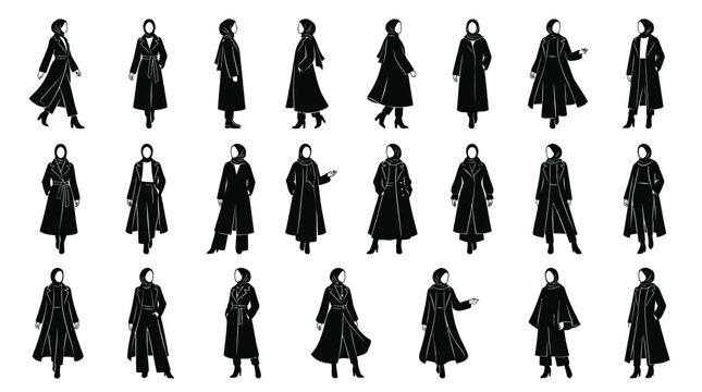 Modest Fashion Women in Abaya  Hijab Black Silhouette Glyphs Vector Set