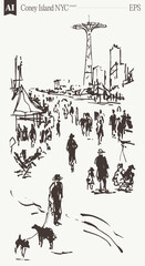 Obraz premium Coney Island Parachute Jump Tower Crowd Ink Sketch Nostalgic Summer