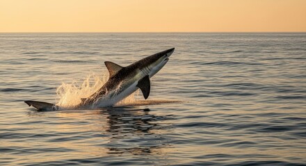 Fototapeta premium Mako Shark leaps from ocean surface in dramatic breach against soft sunset light
