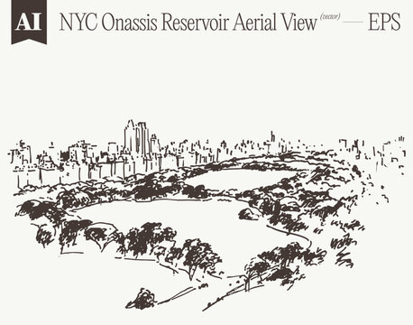 Central Park NYC Onassis Reservoir Aerial Winding Paths Serene Sketch