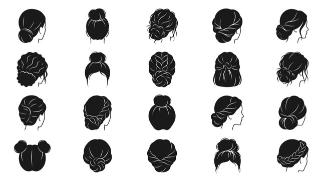 Beauty  Fashion Women's Hairstyles Silhouette Icons: Updos, Buns, Braids, Ponytails Vector