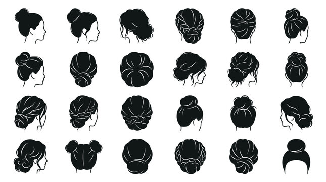 Beauty Hairdressing Glyph: Collection of Women's Elegant Bun Hairstyles and Updos Black  White Vector Icons