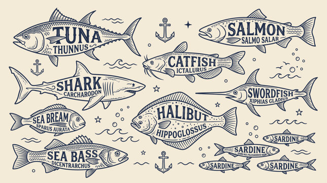 Vintage Fish Vector Set with Typography Labels &ndash; Tuna Catfish Shark Seafood Illustration