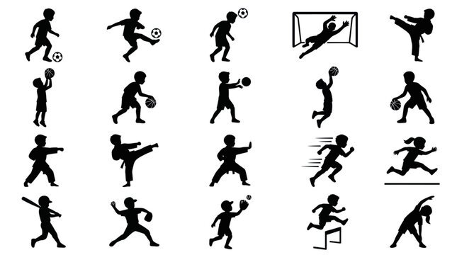 Diverse Kids Sports Activities Black Glyph Silhouettes Vector Icon Set