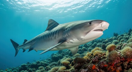 Fototapeta premium Majestic Tiger Shark Glides Through Vibrant Coral Reefs in Tropical Ocean Depths