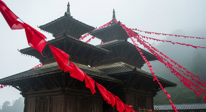Ancient Wooden Temple with Red Prayer Flags in Misty Mountains, Nepal