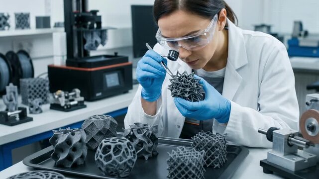 Lab technician observing diverse 3Dprinted abrasive shapes with complex geometric patterns emphasizing rapid development and performance evaluation in tool engineering.