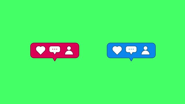 Animation Social Media Notification Icons With Like, Comment And Follower Symbols On Green Background