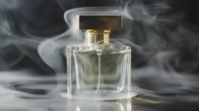Luxury perfume bottle with gold cap and rising smoke