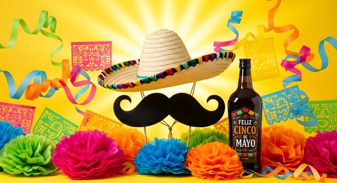 Mexican fiesta celebration with sombrero, mustache, and cerveza on vibrant background